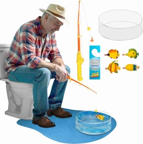 Novelty Place Potty Fisher Toilet Game Set for Kids & Adults - Fishing Rod with Hook Line & Sinker, Water Tank, Blue Cotton Mat & Door Sign - Funny Bathroom Practice Toy