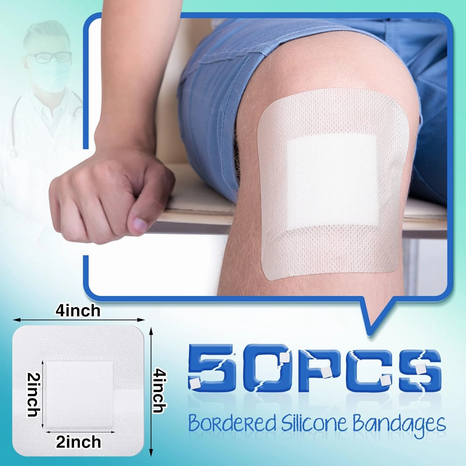 Nuanchu 50 Pieces Island Dressing Bordered Gauze Wound Care Bandage with Adhesive Border Wound Bandage Pads Waterproof Breathable Individually Wrapped Bandages Non-Stick Central Pad(4 x 4 Inch)