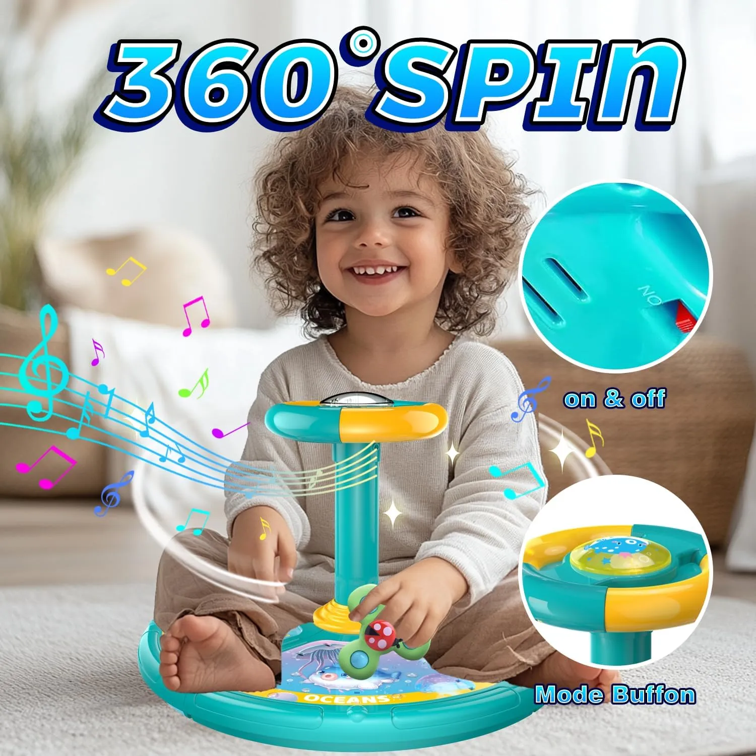 Ocean Sit and Spin Toys for Toddlers 1-3, 360° Rotation Sit n Spin, LED Light & Enlightenment Music, Ideal Birthday for Boy/Girl with 3PCS Suction Cup Spinner Toys (Blue)