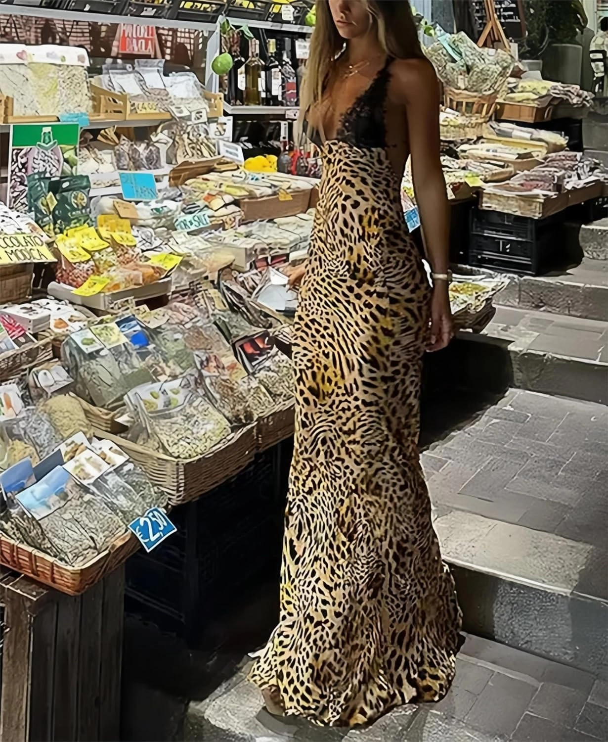 OCUH Y2K Leopard Printed Maxi Dress Backless Skinny Spaghetti Strap Lace-up Slim Vintage