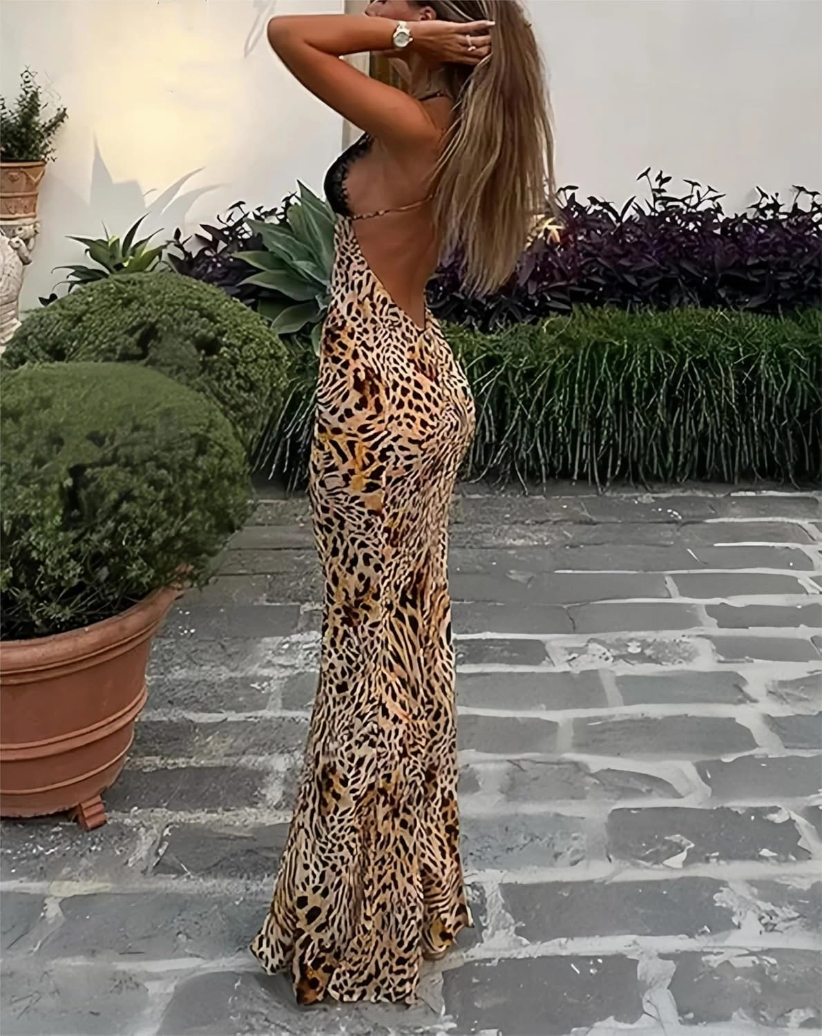 OCUH Y2K Leopard Printed Maxi Dress Backless Skinny Spaghetti Strap Lace-up Slim Vintage