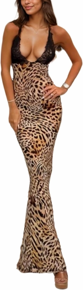 OCUH Y2K Leopard Printed Maxi Dress Backless Skinny Spaghetti Strap Lace-up Slim Vintage