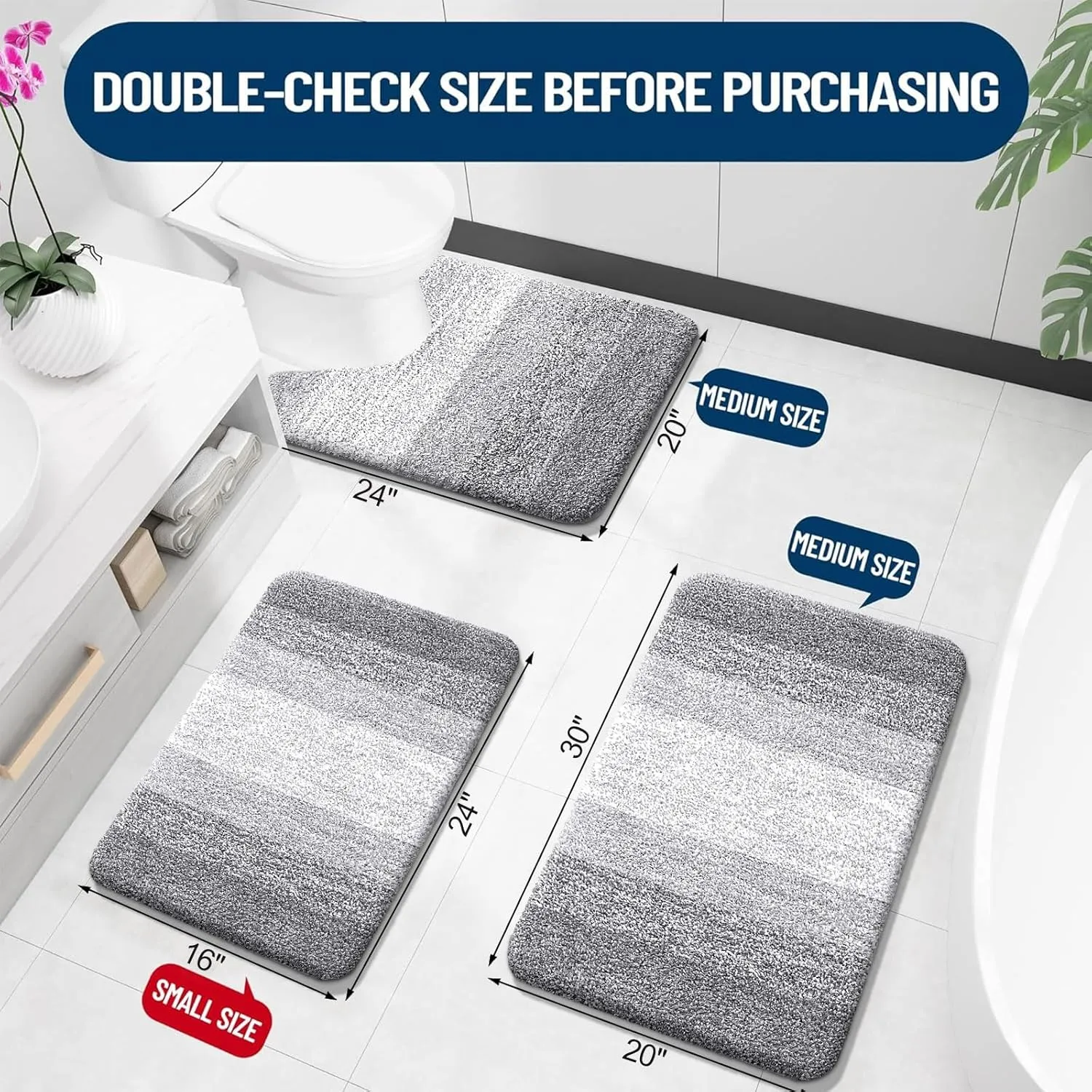 OLANLY Bathroom Rugs Sets 3 Piece, Soft Absorbent Microfiber Bath Mats and U-Shaped Contour Toilet Rug, Plush Shaggy Bath Mat Set for Bathroom (30"x20" 24"x16" 24"x20", Light Grey)