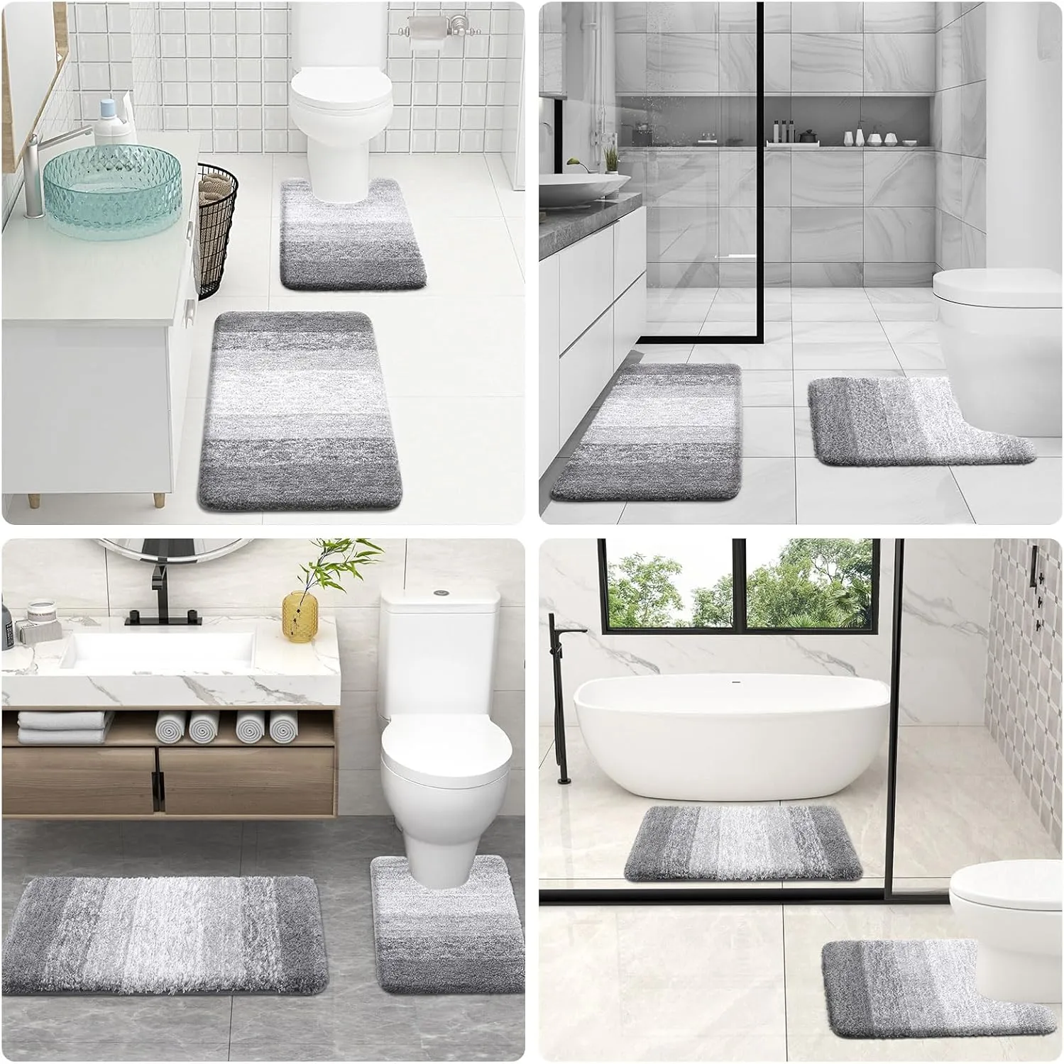 OLANLY Bathroom Rugs Sets 3 Piece, Soft Absorbent Microfiber Bath Mats and U-Shaped Contour Toilet Rug, Plush Shaggy Bath Mat Set for Bathroom (30"x20" 24"x16" 24"x20", Light Grey)