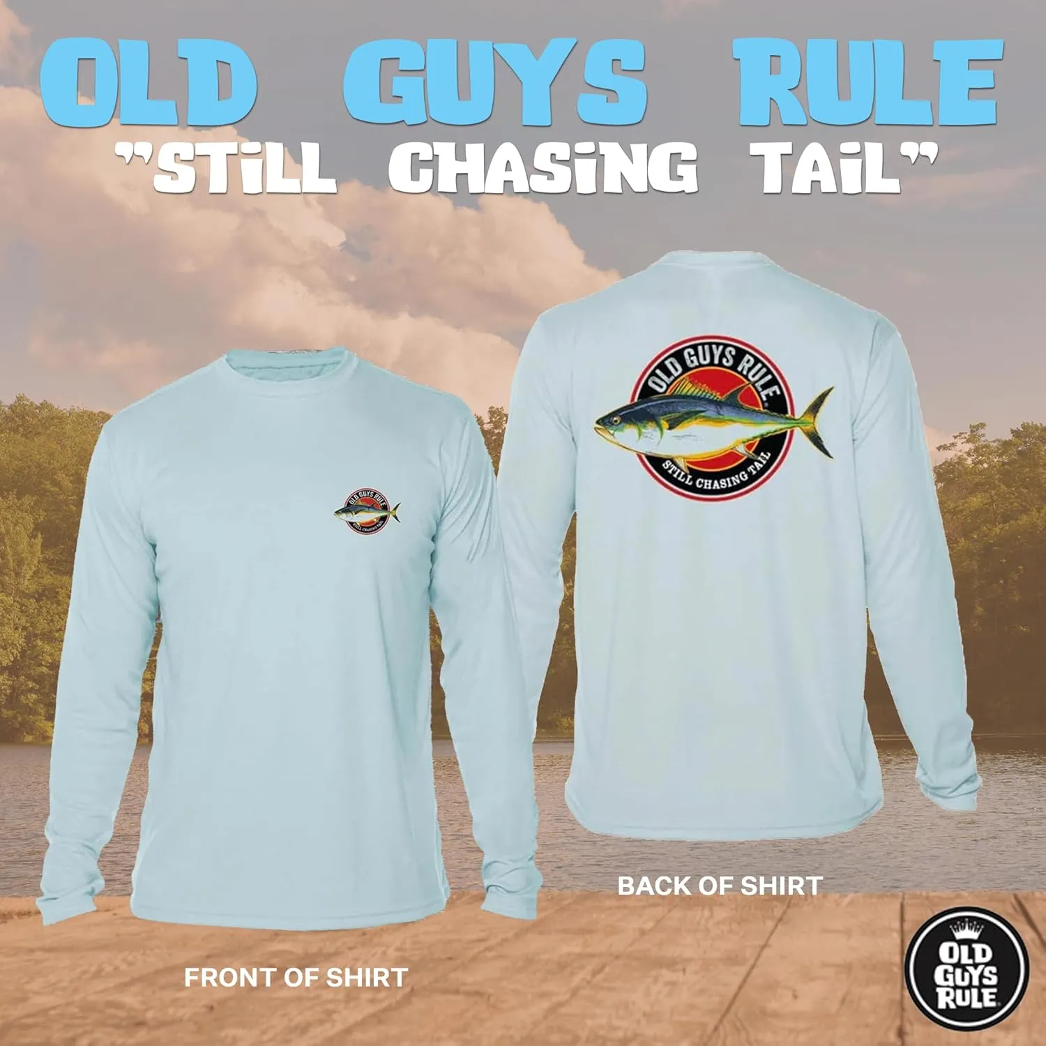 OLD GUYS RULE Men's UPF 50  Sun Protection Long Sleeve Fishing Shirt, Chasing Tail - Funny Father's Day, Birthday Gift