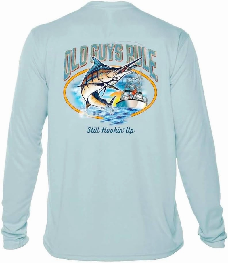 OLD GUYS RULE Men's UPF 50  Sun Protection Long Sleeve Fishing Shirt, Still Hookin' Up - Funny Father's Day, Birthday Gift