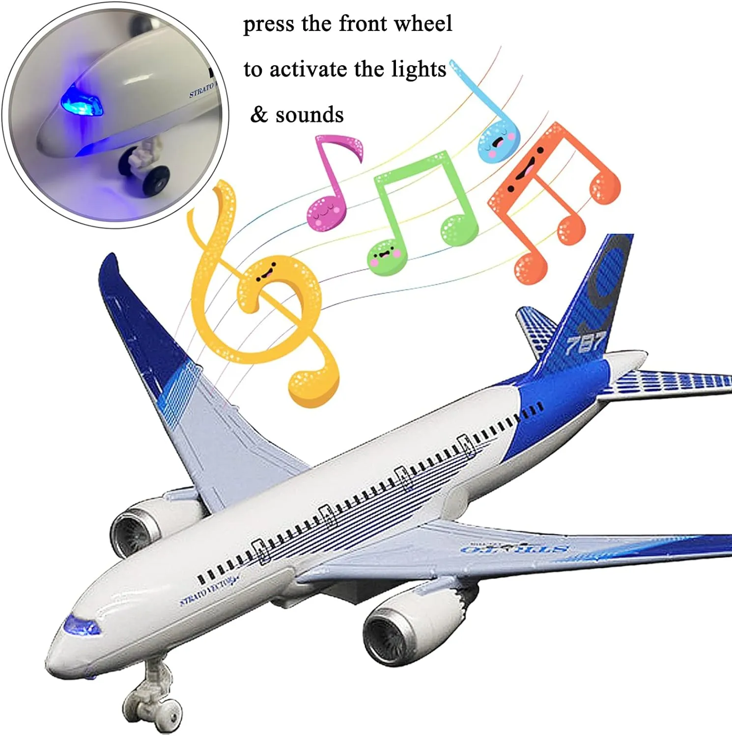 OTONOPI Airplane Toys Bump and Go Airlines Die Cast Metal Model Plane Toy with Lights and Sounds for Kids Blue