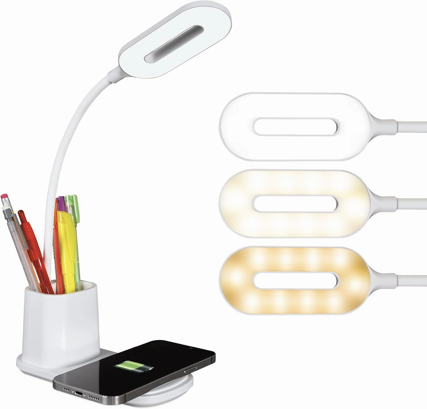 OttLite Organizer LED Desk Lamp with Wireless Charging - 3 Color Temperatures, Dimmable with Touch Activated Controls, Flexible Neck - Includes Storage Area for Desk Supplies