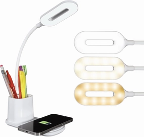 OttLite Organizer LED Desk Lamp with Wireless Charging - 3 Color Temperatures, Dimmable with Touch Activated Controls, Flexible Neck - Includes Storage Area for Desk Supplies