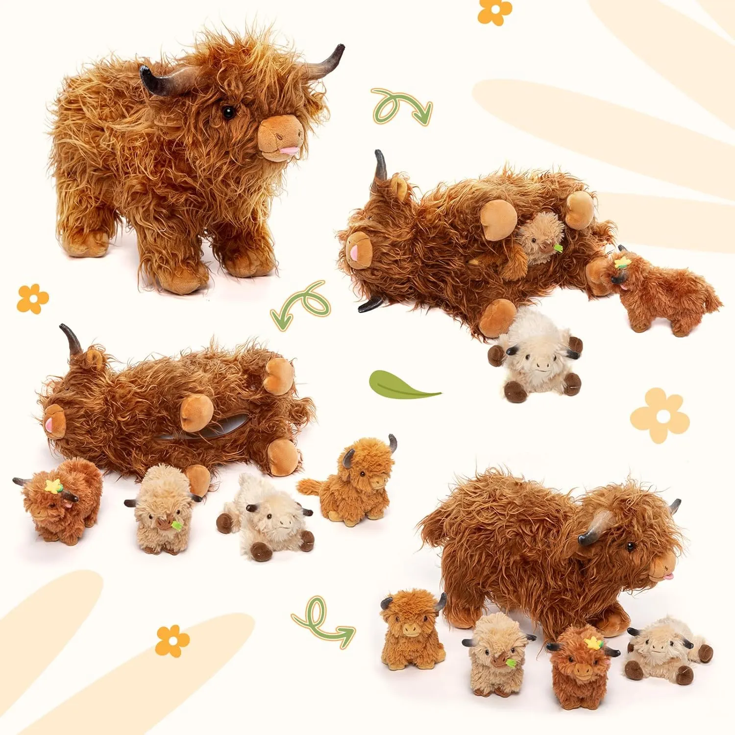 OUOZZZ Highland Cow Stuffed Animal – Large Realistic Fluffy Cow Plush Toy with 4 Baby Calves – Special Furry Material – Travel-Friendly & Portable Gift for Baby Girls, Boys, Toddlers & Kids 14.5"