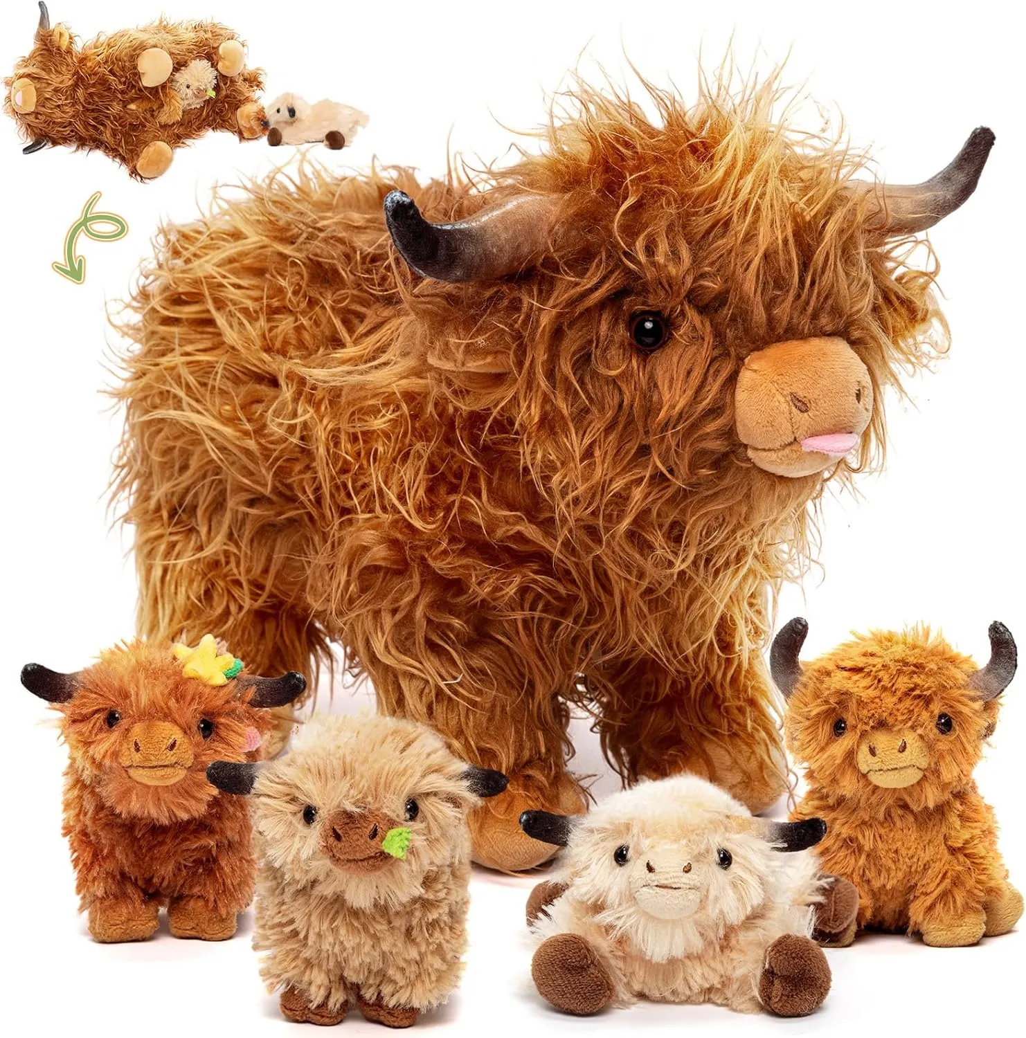 OUOZZZ Highland Cow Stuffed Animal – Large Realistic Fluffy Cow Plush Toy with 4 Baby Calves – Special Furry Material – Travel-Friendly & Portable Gift for Baby Girls, Boys, Toddlers & Kids 14.5"