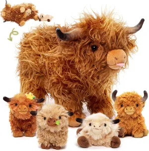 OUOZZZ Highland Cow Stuffed Animal – Large Realistic Fluffy Cow Plush Toy with 4 Baby Calves – Special Furry Material – Travel-Friendly & Portable Gift for Baby Girls, Boys, Toddlers & Kids 14.5"