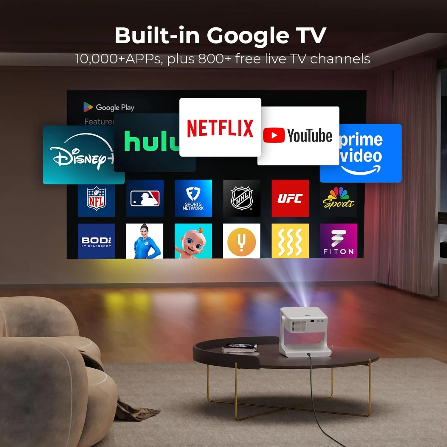 Outdoor-Projector-4K [1200 ANSI/Google TV/Voice Control] Smart Projector with WiFi 6 and Bluetooth, 10,000  Apps, AI Focus Portable Proyector with Netflix, Sovboi 1080P Audio Movie Home [180° Stand]
