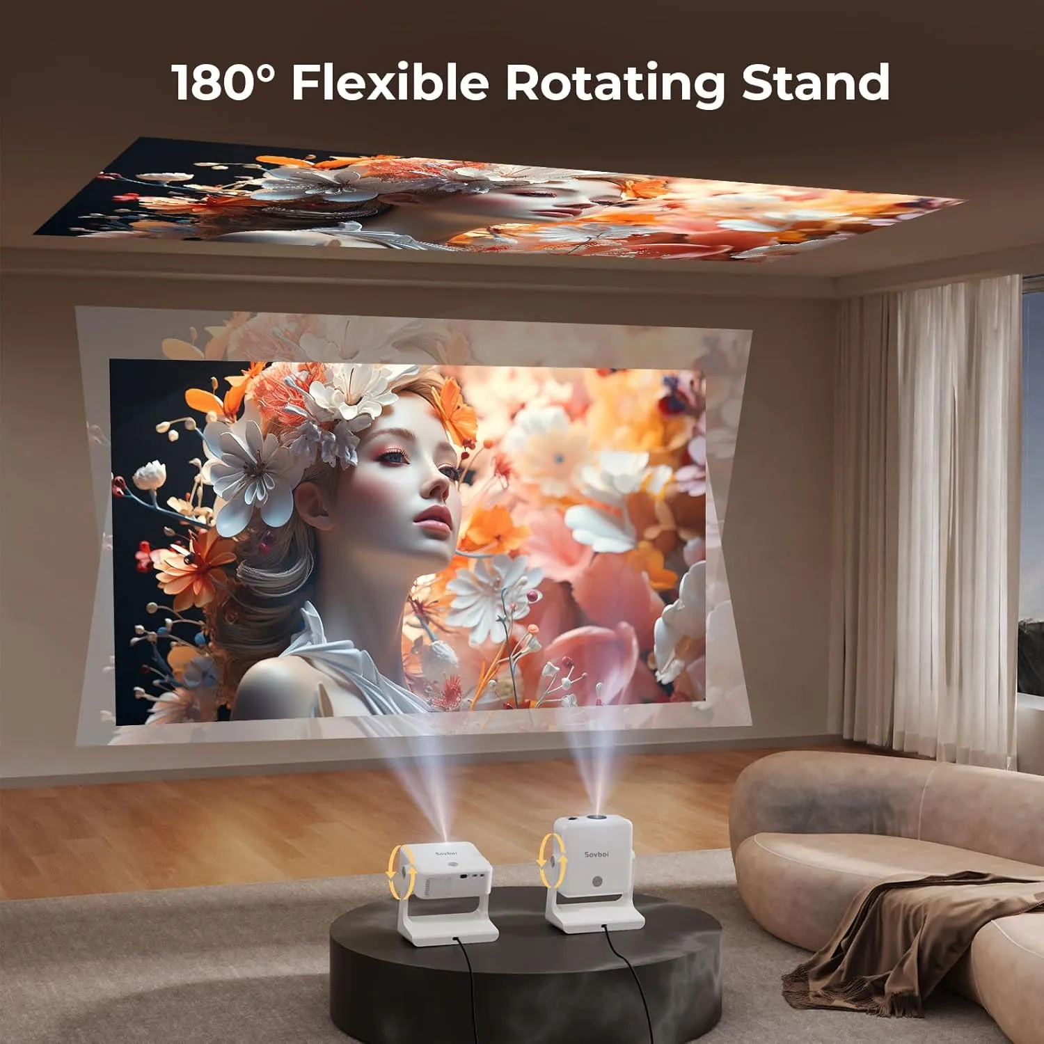 Outdoor-Projector-4K [1200 ANSI/Google TV/Voice Control] Smart Projector with WiFi 6 and Bluetooth, 10,000  Apps, AI Focus Portable Proyector with Netflix, Sovboi 1080P Audio Movie Home [180° Stand]