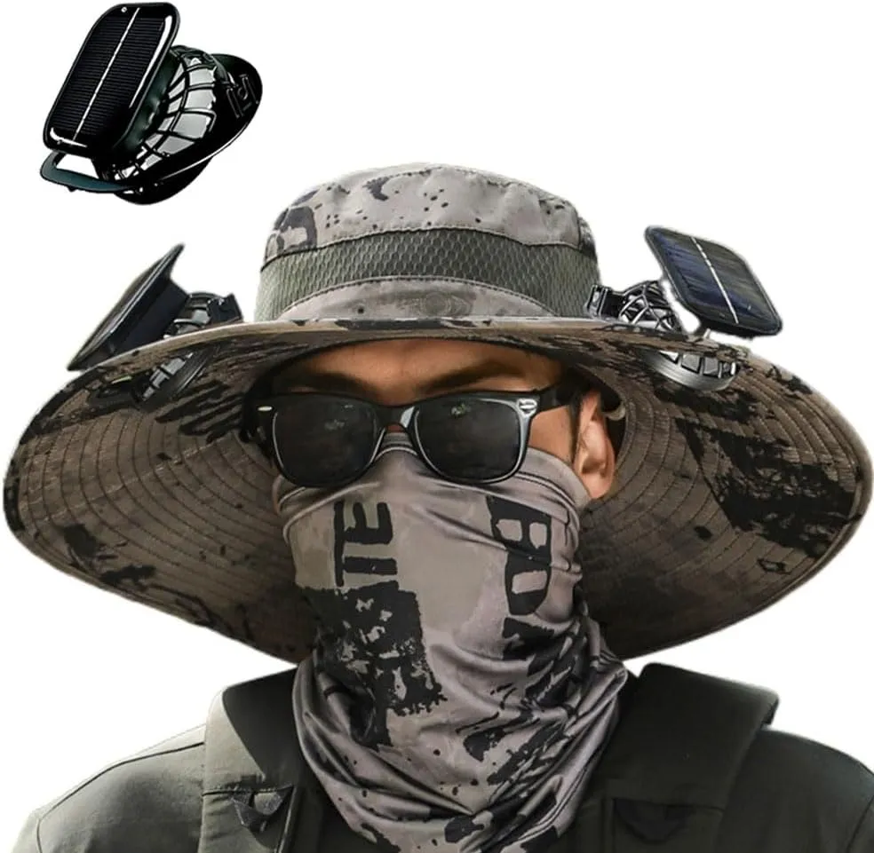 Outdoor Wide Brim Sun Hat with Solar Fan, 2025 New Ultralight Solar Powered Fan Sun Hat with 2 Solar Fan for Work Fishing
