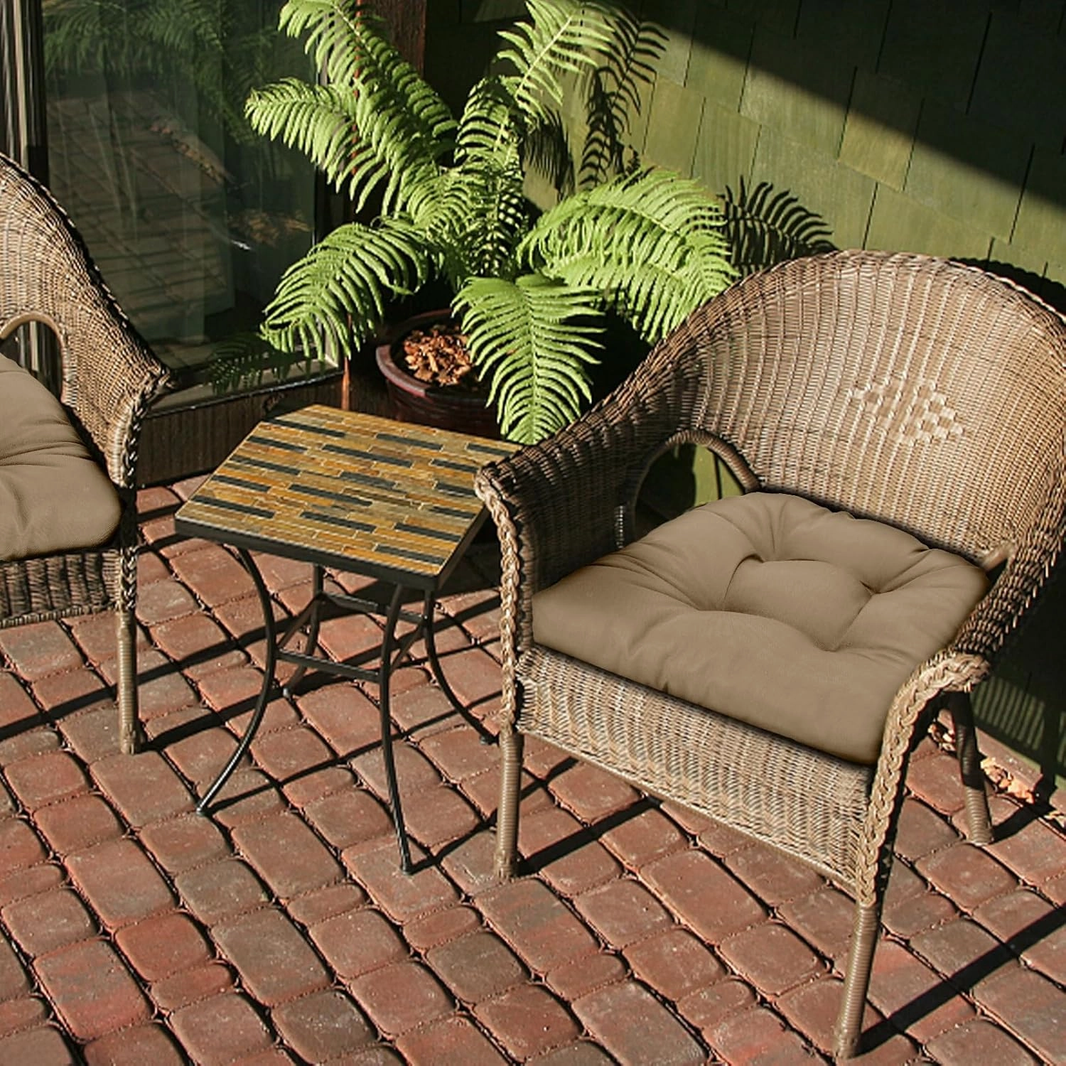 Outdoor Tufted Wicker Cushions Seat Cushions for Patio Furniture Set of 2, 19x19 Outdoor Chair Cushions Weather Resistant Patio Furniture Cushions with Ties for Wicker Chair (Light Brown)
