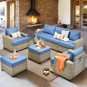 ovios 7 Piece Patio Sectional Furniture, Rattan Wicker Coversation Couch Set, Outdoor Sofa Set for Outside Porch Balcony Backyard Pool,Blue
