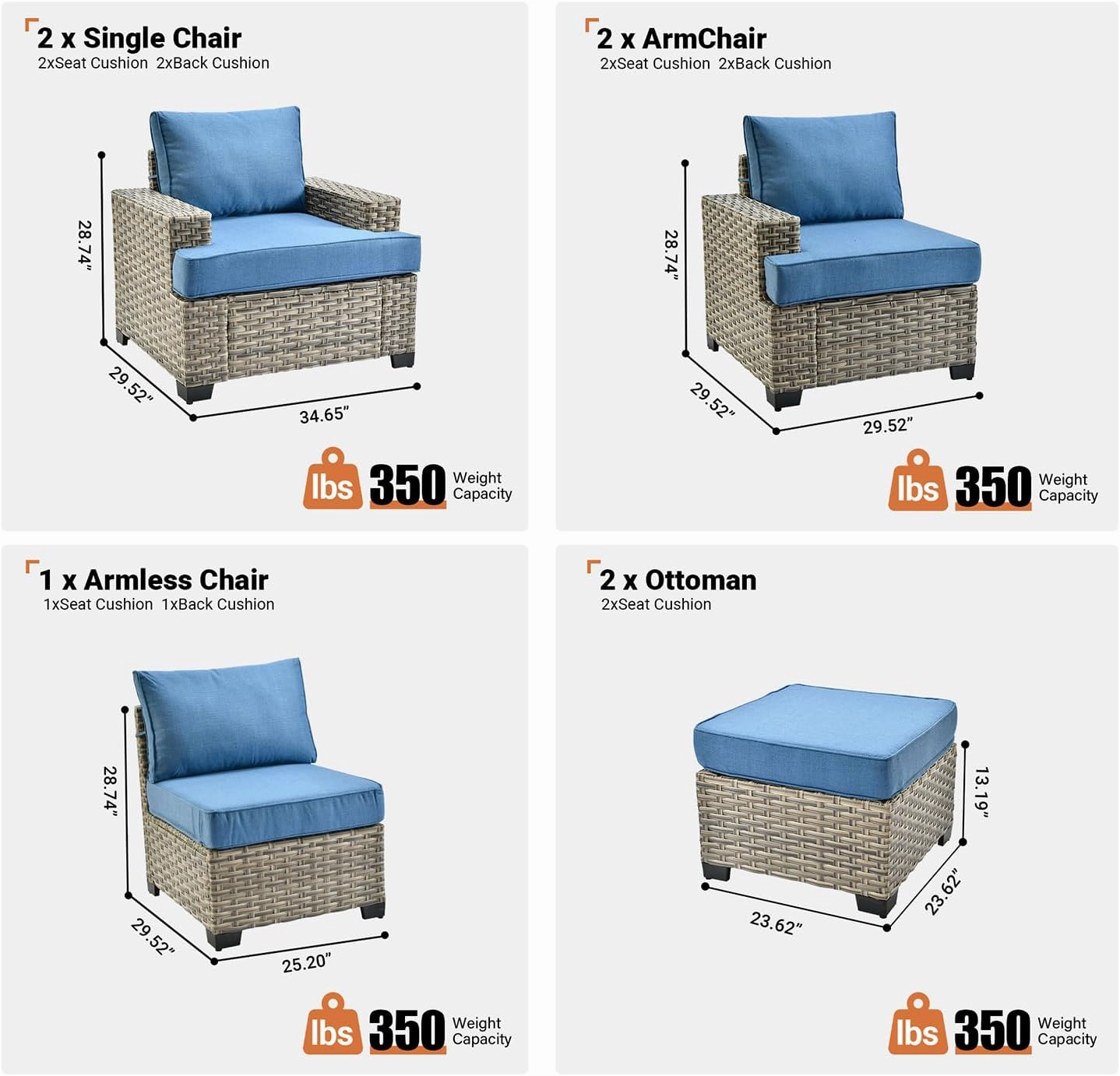 ovios 7 Piece Patio Sectional Furniture, Rattan Wicker Coversation Couch Set, Outdoor Sofa Set for Outside Porch Balcony Backyard Pool,Blue