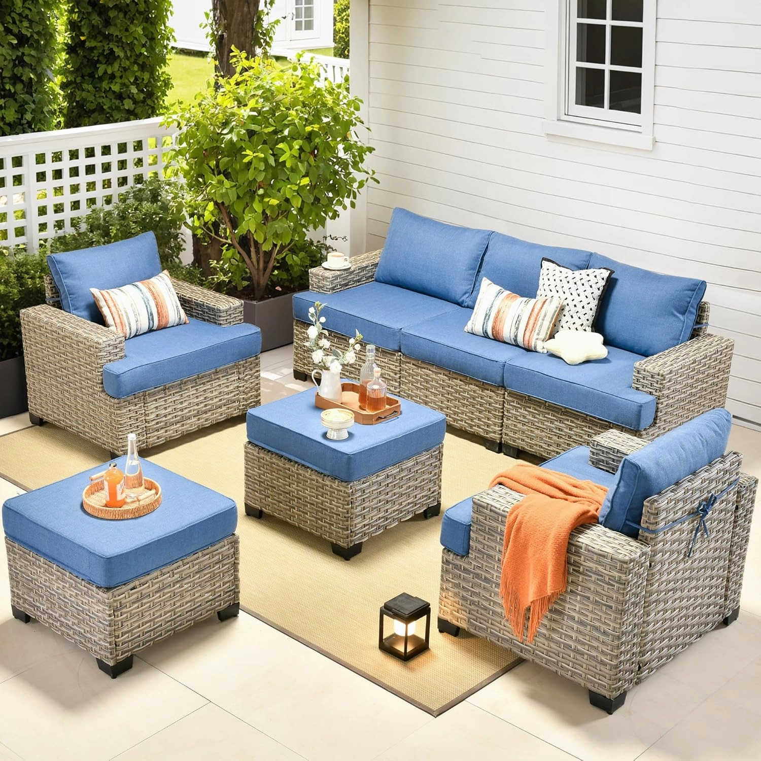 ovios 7 Piece Patio Sectional Furniture, Rattan Wicker Coversation Couch Set, Outdoor Sofa Set for Outside Porch Balcony Backyard Pool,Blue