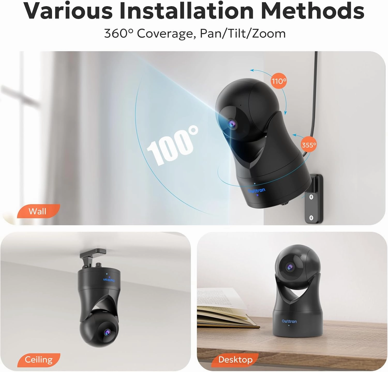 owltron Indoor Camera 2K, 360 Cameras for Home Security with Motion Detection, Baby Monitor with Phone App, 2.4G WiFi Pet Cam with Night Vision & 2-Way Audio