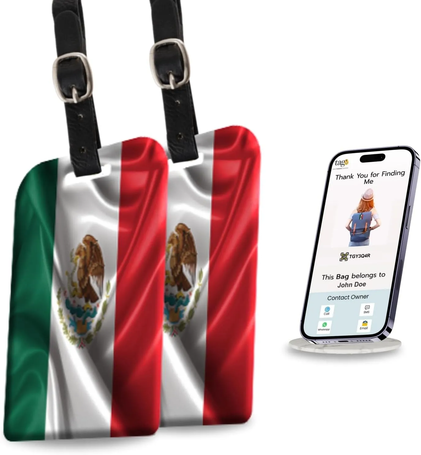 [Pack 2] tag8 Mexico Flag Tag Smart Bag tag |Trendy Luggage tag ID Identification | Suitcase Tag | Fashionable Digital Name tag | Airline Compliant, SITA World Tracer Code Enabled | Gift idea