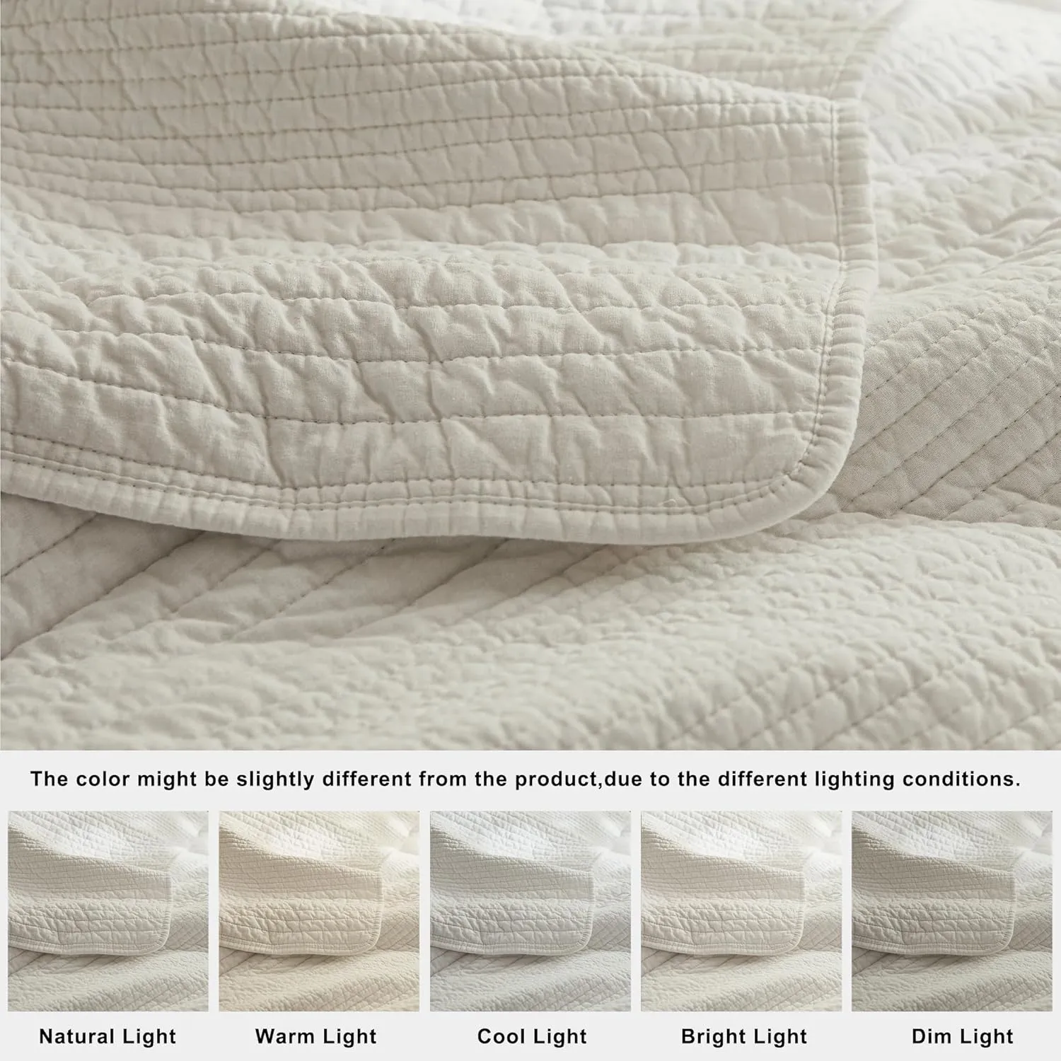 palassio Striped Beige 100% Cotton Quilt King Size Bedding Sets, Lightweight Crinkly Channel Pick Stitch Textured Bedspread Soft Shabby Chic Farmhouse Country Coverlet for All Season, 2 Shams