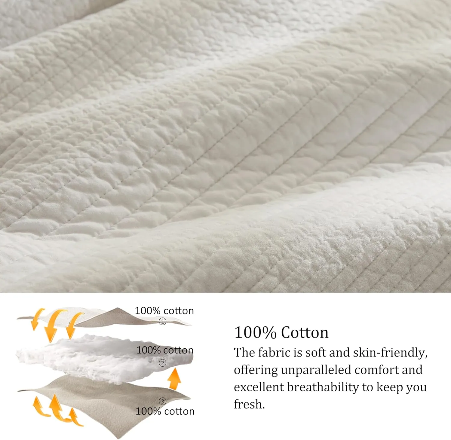 palassio Striped Beige 100% Cotton Quilt King Size Bedding Sets, Lightweight Crinkly Channel Pick Stitch Textured Bedspread Soft Shabby Chic Farmhouse Country Coverlet for All Season, 2 Shams