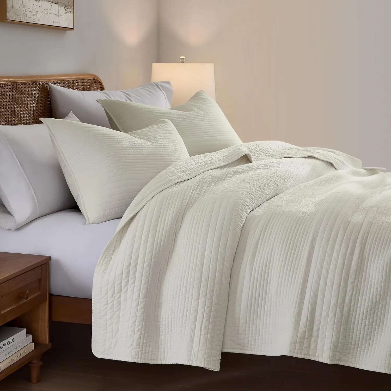 palassio Striped Beige 100% Cotton Quilt King Size Bedding Sets, Lightweight Crinkly Channel Pick Stitch Textured Bedspread Soft Shabby Chic Farmhouse Country Coverlet for All Season, 2 Shams