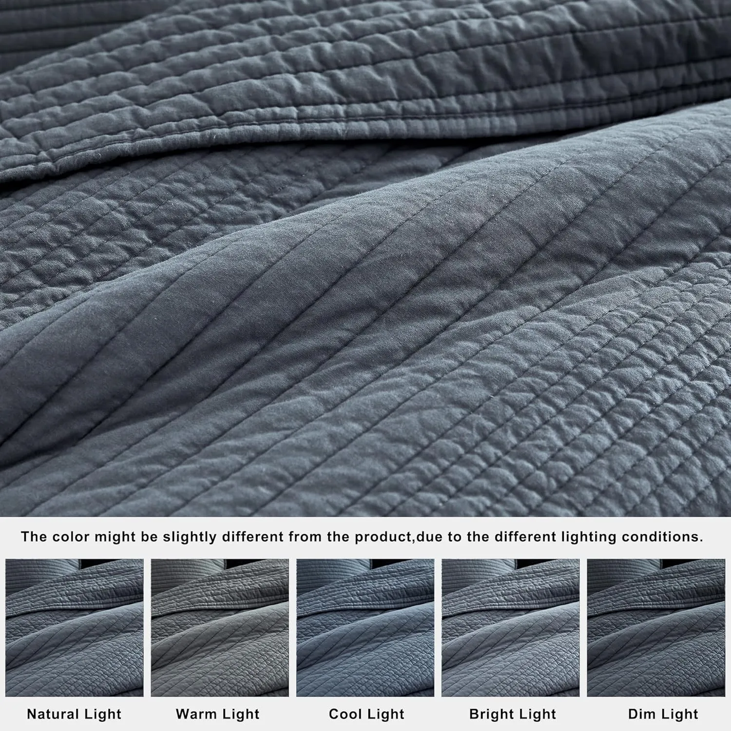 palassio Striped Blue Grey 100% Cotton Quilt King Size Bedding Sets, Lightweight Crinkly Channel Pick Stitch Textured Bedspread Soft Shabby Chic Farmhouse Country Coverlet for All Season, 2 Shams