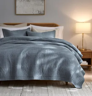 palassio Striped Blue Grey 100% Cotton Quilt King Size Bedding Sets, Lightweight Crinkly Channel Pick Stitch Textured Bedspread Soft Shabby Chic Farmhouse Country Coverlet for All Season, 2 Shams