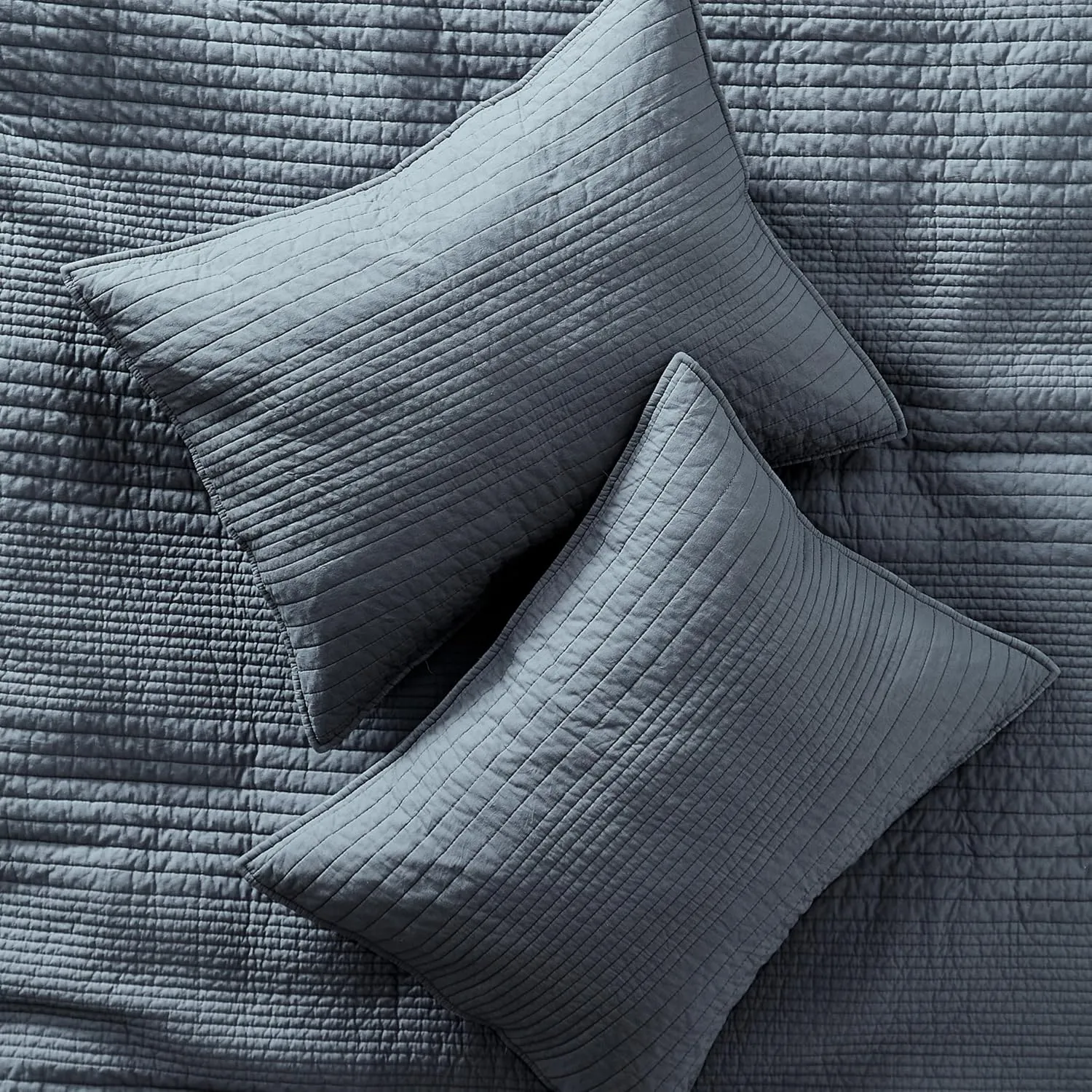 palassio Striped Blue Grey 100% Cotton Quilt King Size Bedding Sets, Lightweight Crinkly Channel Pick Stitch Textured Bedspread Soft Shabby Chic Farmhouse Country Coverlet for All Season, 2 Shams