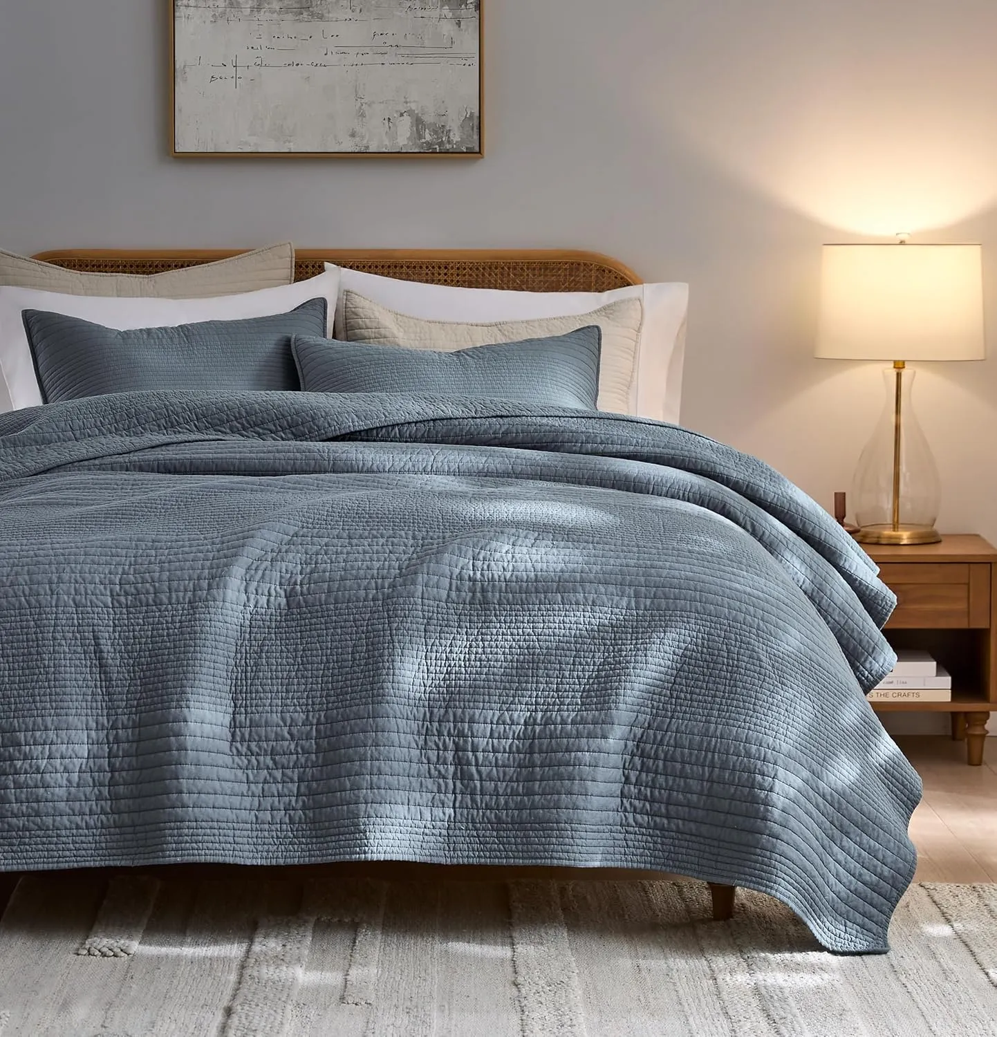 palassio Striped Blue Grey 100% Cotton Quilt King Size Bedding Sets, Lightweight Crinkly Channel Pick Stitch Textured Bedspread Soft Shabby Chic Farmhouse Country Coverlet for All Season, 2 Shams
