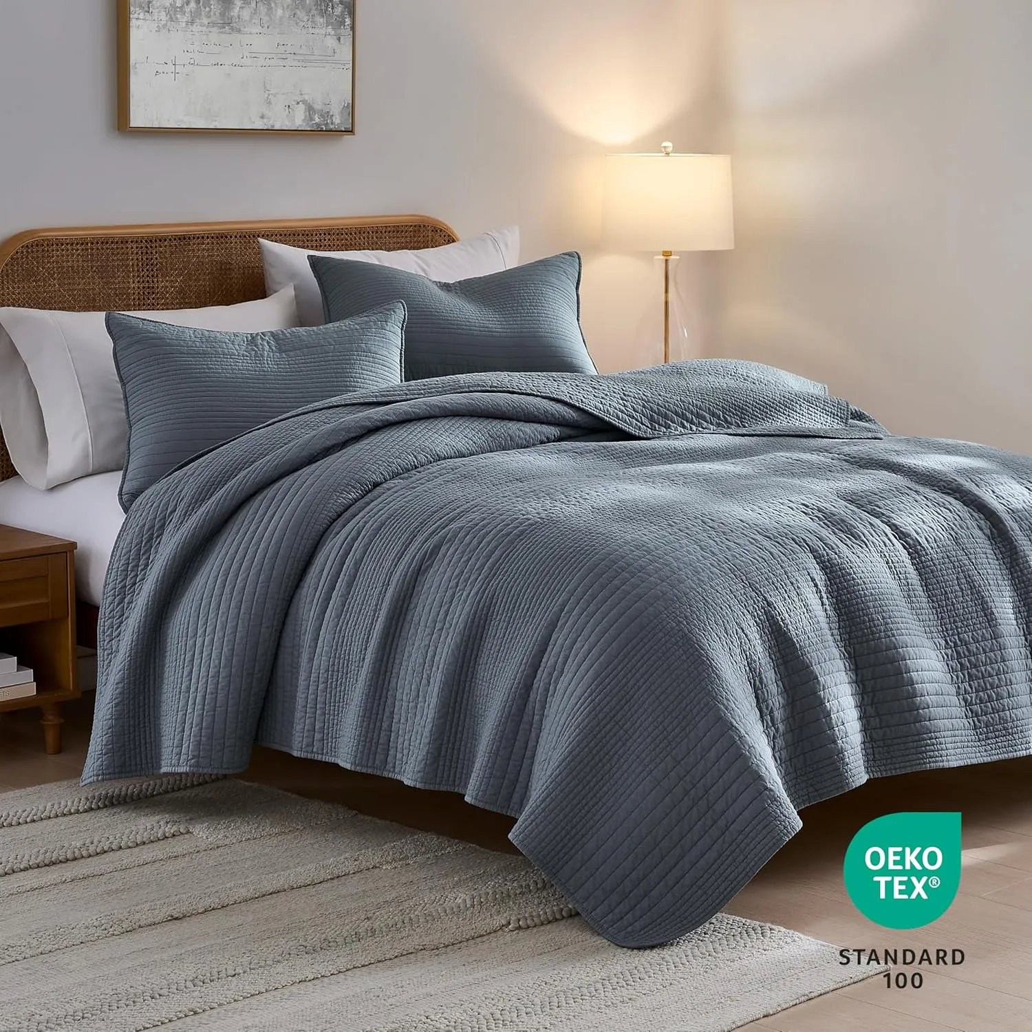 palassio Striped Blue Grey 100% Cotton Quilt King Size Bedding Sets, Lightweight Crinkly Channel Pick Stitch Textured Bedspread Soft Shabby Chic Farmhouse Country Coverlet for All Season, 2 Shams