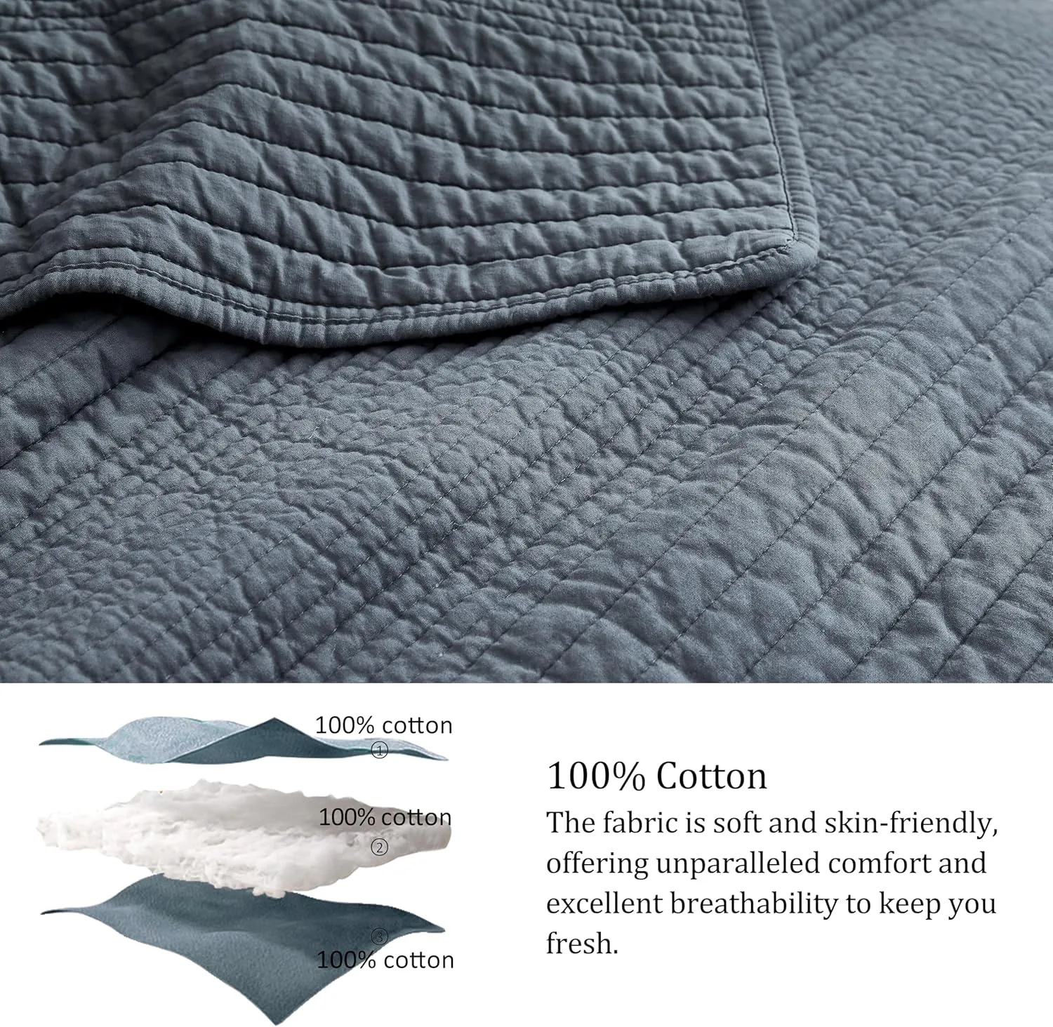 palassio Striped Blue Grey 100% Cotton Quilt King Size Bedding Sets, Lightweight Crinkly Channel Pick Stitch Textured Bedspread Soft Shabby Chic Farmhouse Country Coverlet for All Season, 2 Shams