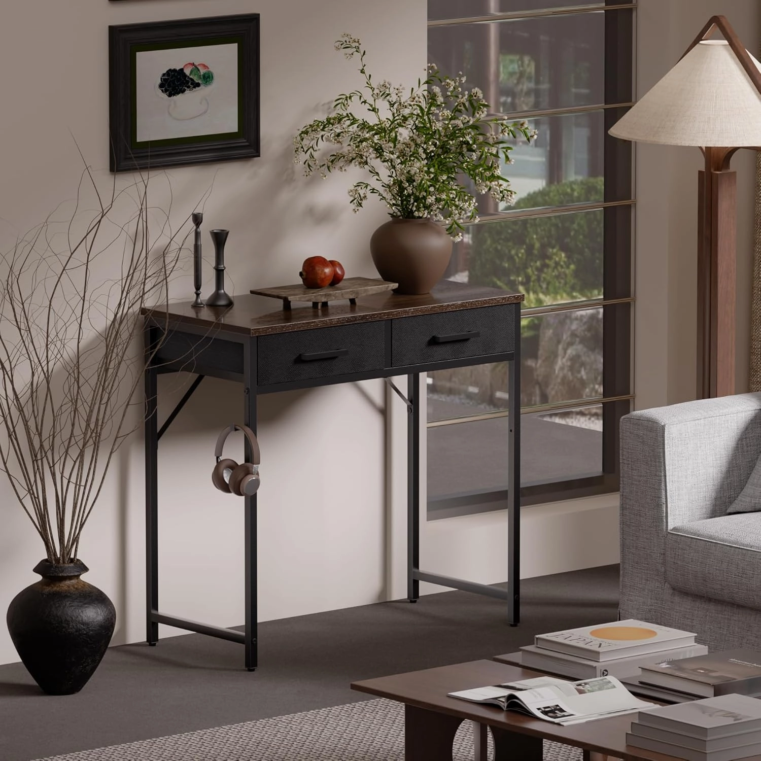 Pamray 32 Inch Small Computer Desk with 2 Drawers for Bedroom Study Writing Home Office Table for Small Spaces Brown