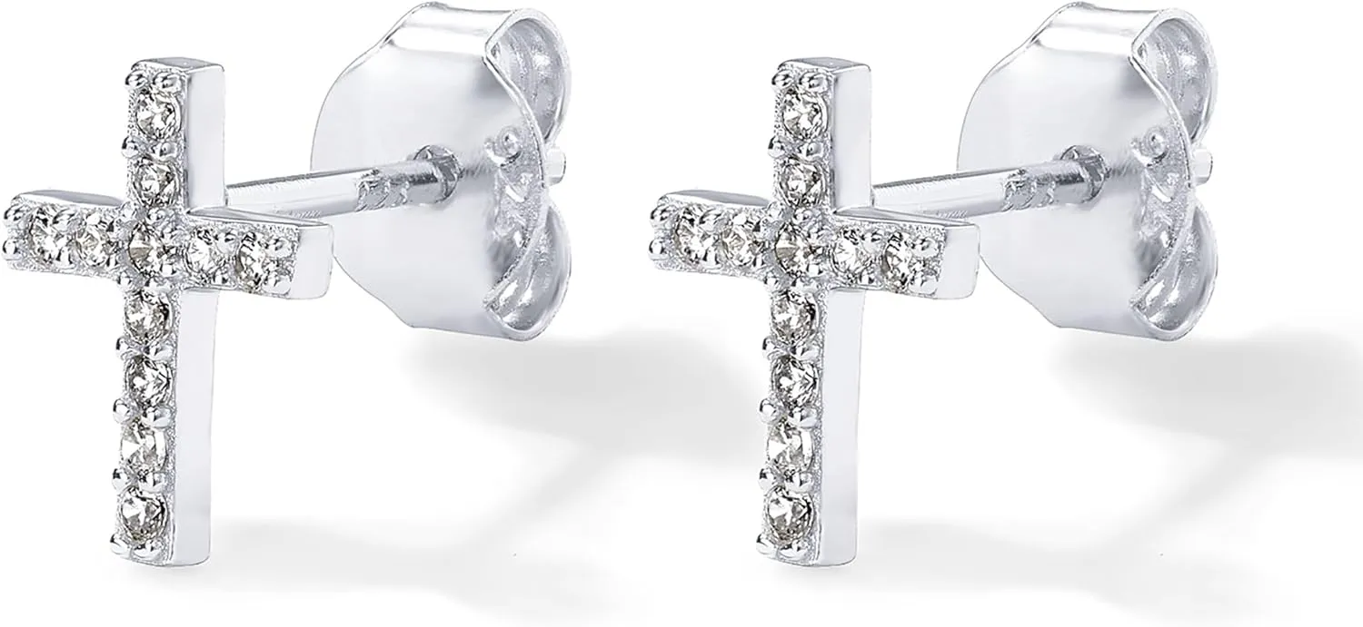 PAVOI 14K Gold Plated Sterling Silver Posts Cross Earrings for Women | Small Religious Faith Cubic Zirconia Cross Studs Huggies Earrings