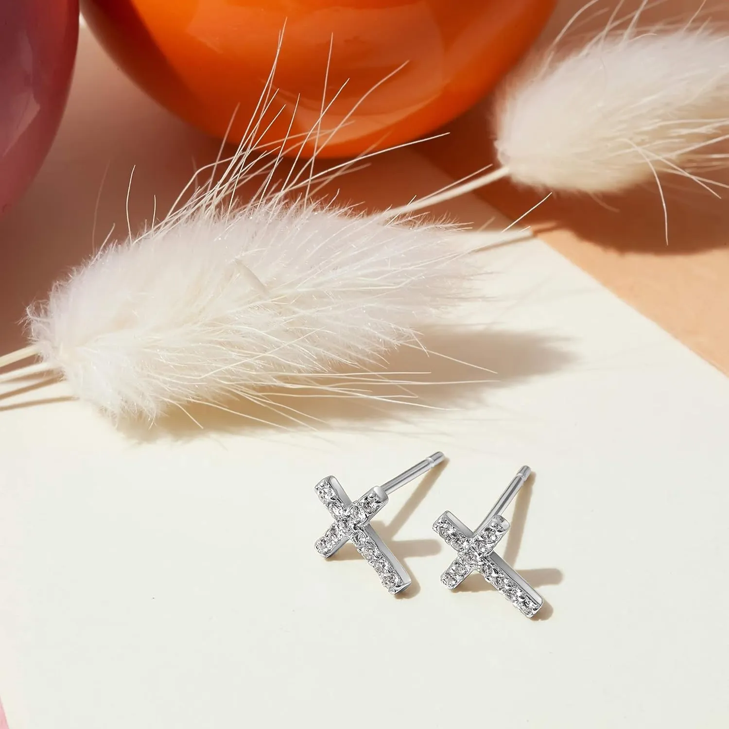 PAVOI 14K Gold Plated Sterling Silver Posts Cross Earrings for Women | Small Religious Faith Cubic Zirconia Cross Studs Huggies Earrings
