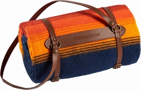 Pendleton National Park Throw with Leather Carrier 54" x 72" - Premium Wool Throw, Iconic Stripes, Durable Blanket for Home & Outdoor Adventures - Grand Canyon Navy