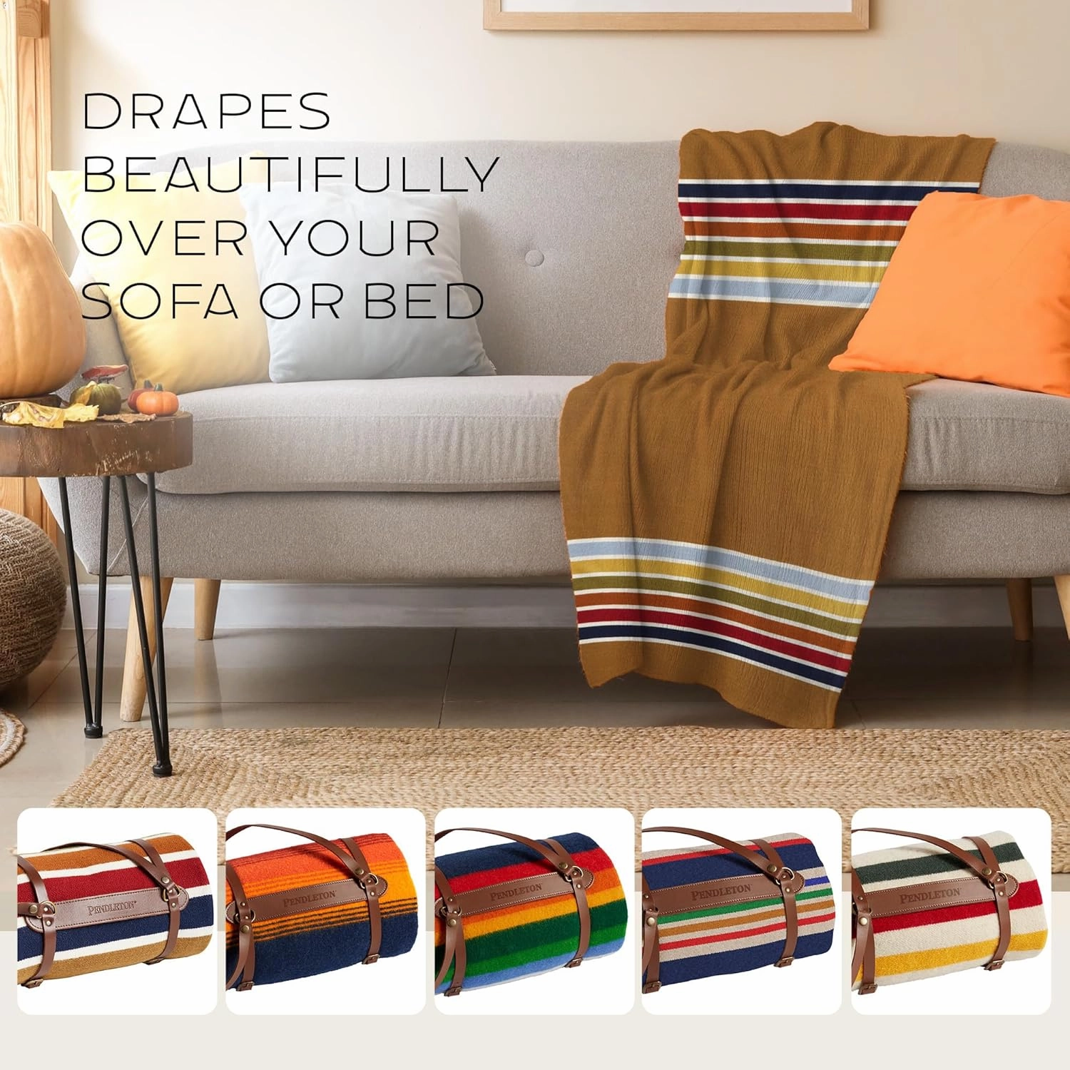 Pendleton National Park Throw with Leather Carrier 54" x 72" - Premium Wool Throw, Iconic Stripes, Durable Blanket for Home & Outdoor Adventures - Grand Canyon Navy