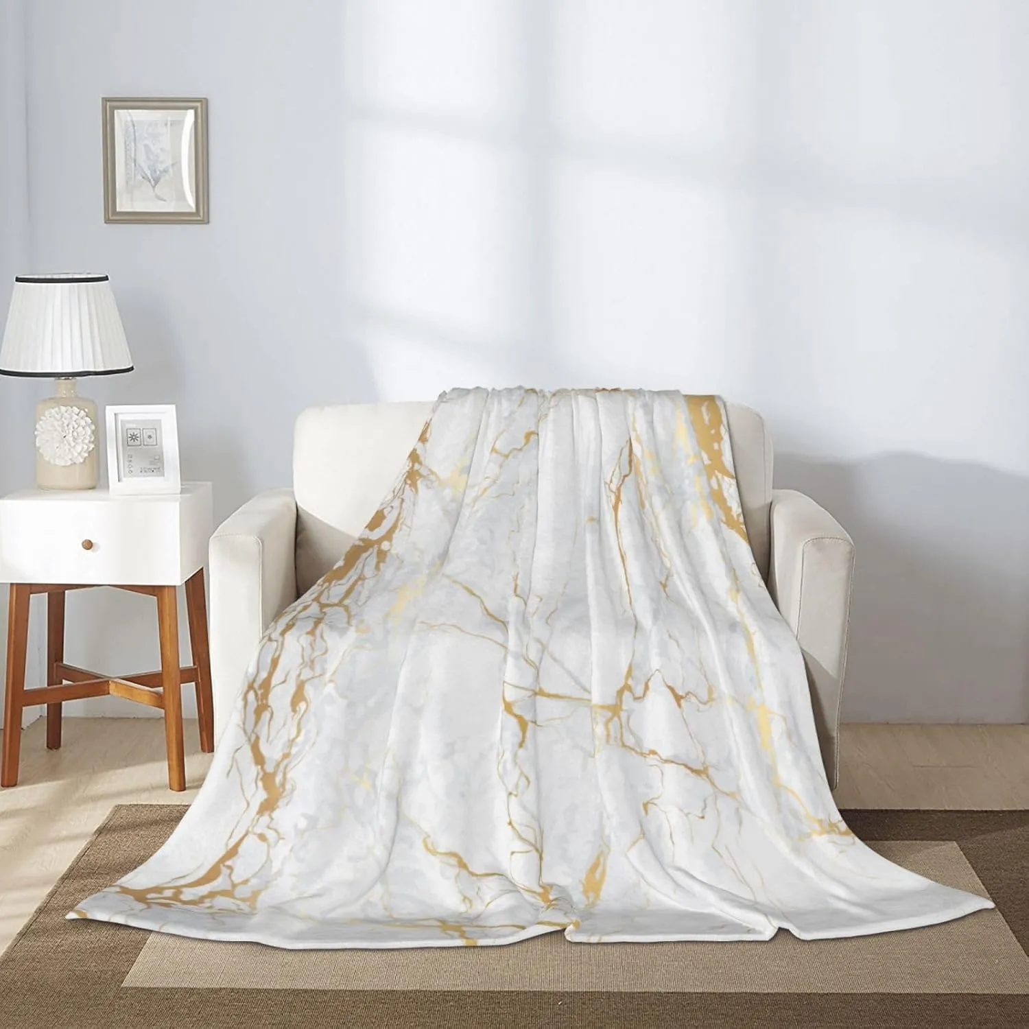 Perinsto White Marble Print Throw Blanket Ultra Soft Warm All Season Marbling Texture Decorative Fleece Blankets for Bed Chair Car Sofa Couch Bedroom 60"X50"