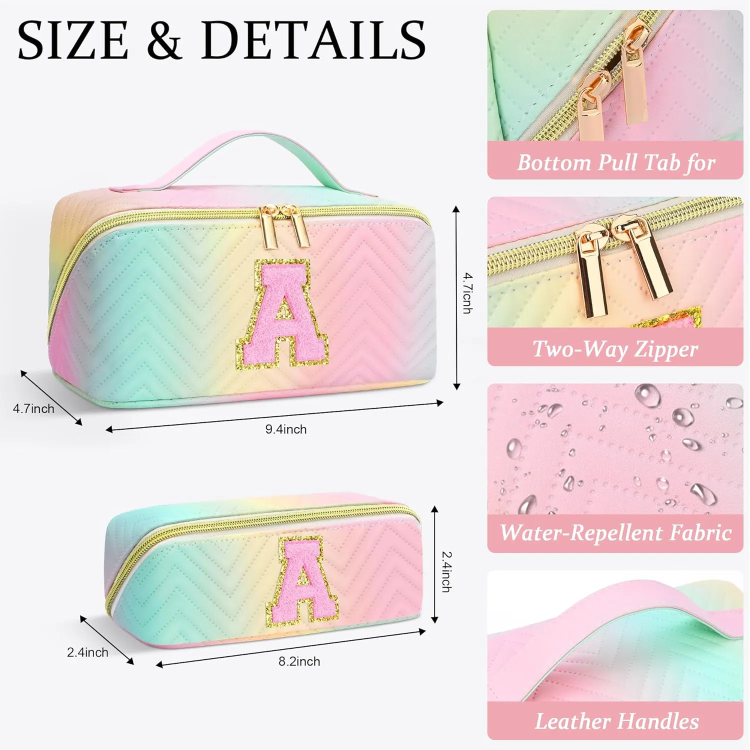 Personalized Initial Travel Makeup Bag | Trendy Girls Make up bags, Large Capacity Colorful Cosmetic Bag Organizer for Women, Leather Waterproof Open Flat Toiletry Bags for Teen friends Gifts - M