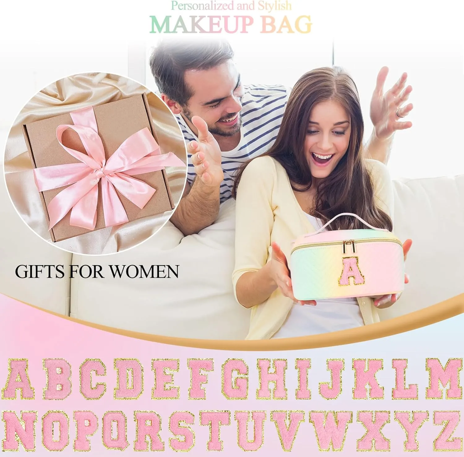 Personalized Initial Travel Makeup Bag | Trendy Girls Make up bags, Large Capacity Colorful Cosmetic Bag Organizer for Women, Leather Waterproof Open Flat Toiletry Bags for Teen friends Gifts - M