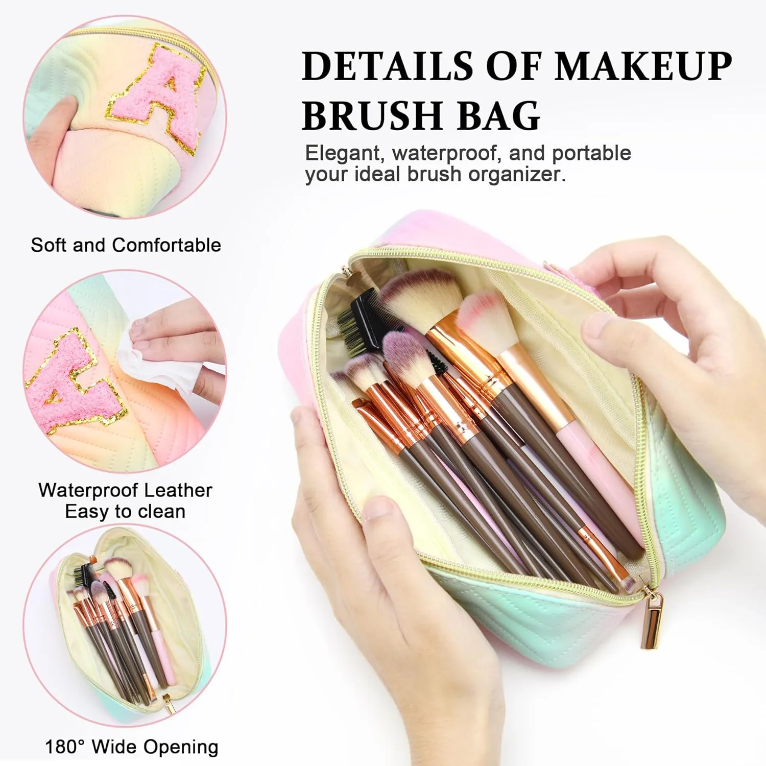 Personalized Initial Travel Makeup Bag | Trendy Girls Make up bags, Large Capacity Colorful Cosmetic Bag Organizer for Women, Leather Waterproof Open Flat Toiletry Bags for Teen friends Gifts - M