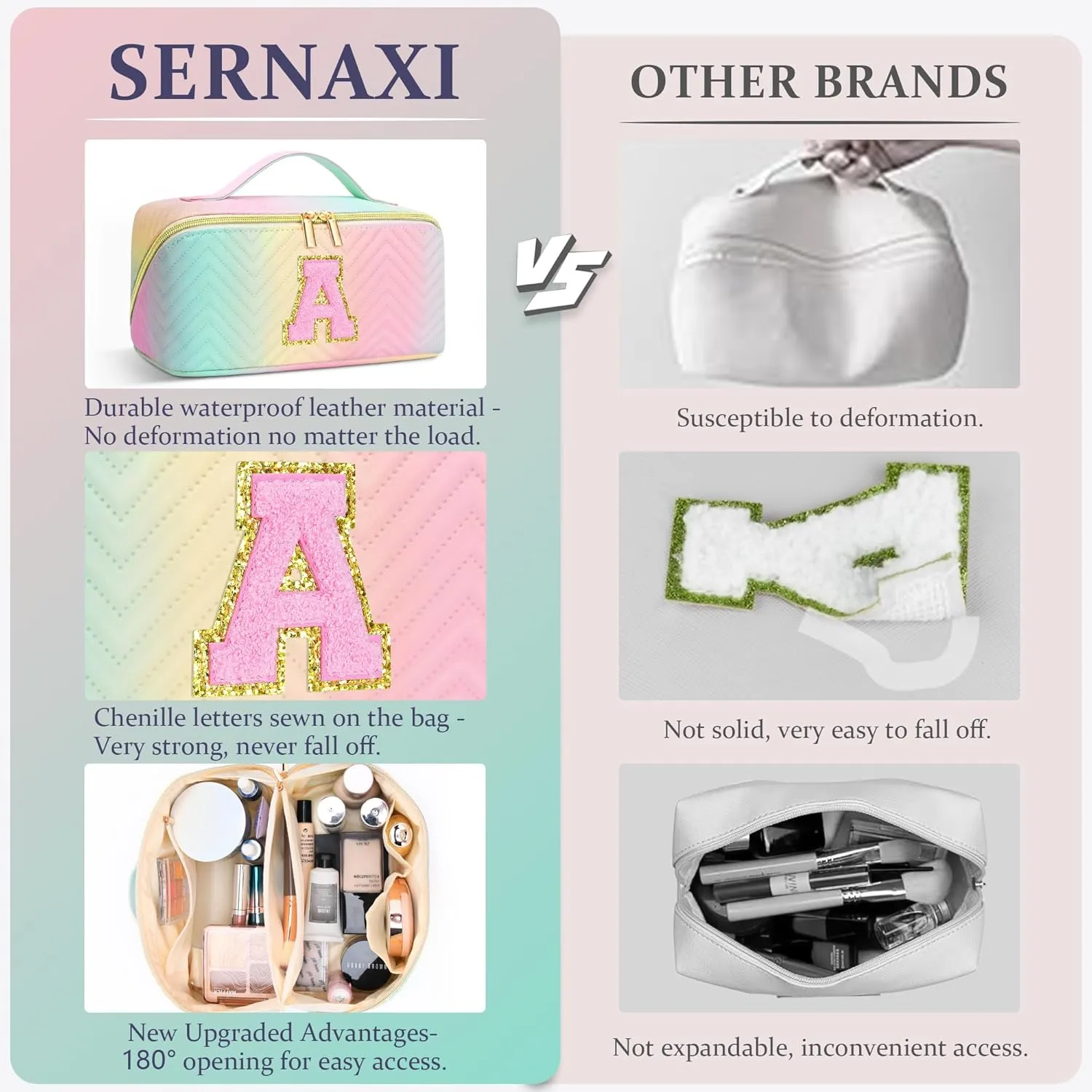 Personalized Initial Travel Makeup Bag | Trendy Girls Make up bags, Large Capacity Colorful Cosmetic Bag Organizer for Women, Leather Waterproof Open Flat Toiletry Bags for Teen friends Gifts - M
