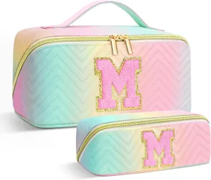 Personalized Initial Travel Makeup Bag | Trendy Girls Make up bags, Large Capacity Colorful Cosmetic Bag Organizer for Women, Leather Waterproof Open Flat Toiletry Bags for Teen friends Gifts - M