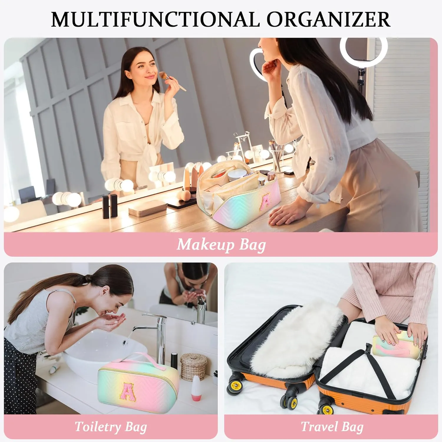 Personalized Initial Travel Makeup Bag | Trendy Girls Make up bags, Large Capacity Colorful Cosmetic Bag Organizer for Women, Leather Waterproof Open Flat Toiletry Bags for Teen friends Gifts - M