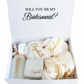 Personalized Bridesmaid Proposal Gifts, Bridesmaid Box Set with Custom Fluffy Slippers, Satin Robe, Velvet Jewerly Box & Frosted Glass Tumbler, Maid of Honor Gifts (Deluxe Box)