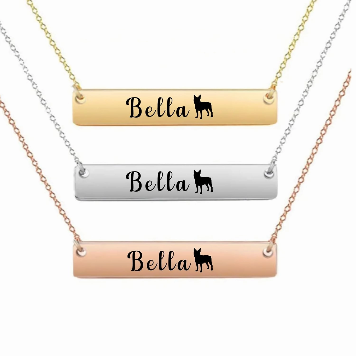 Personalized Necklace, Gift, Custom Engraved Dog Bar Necklace, Memorial Keepsake for Dog Mom, Dog Lover Gift, Pet Name Necklace (Boston Terrier)