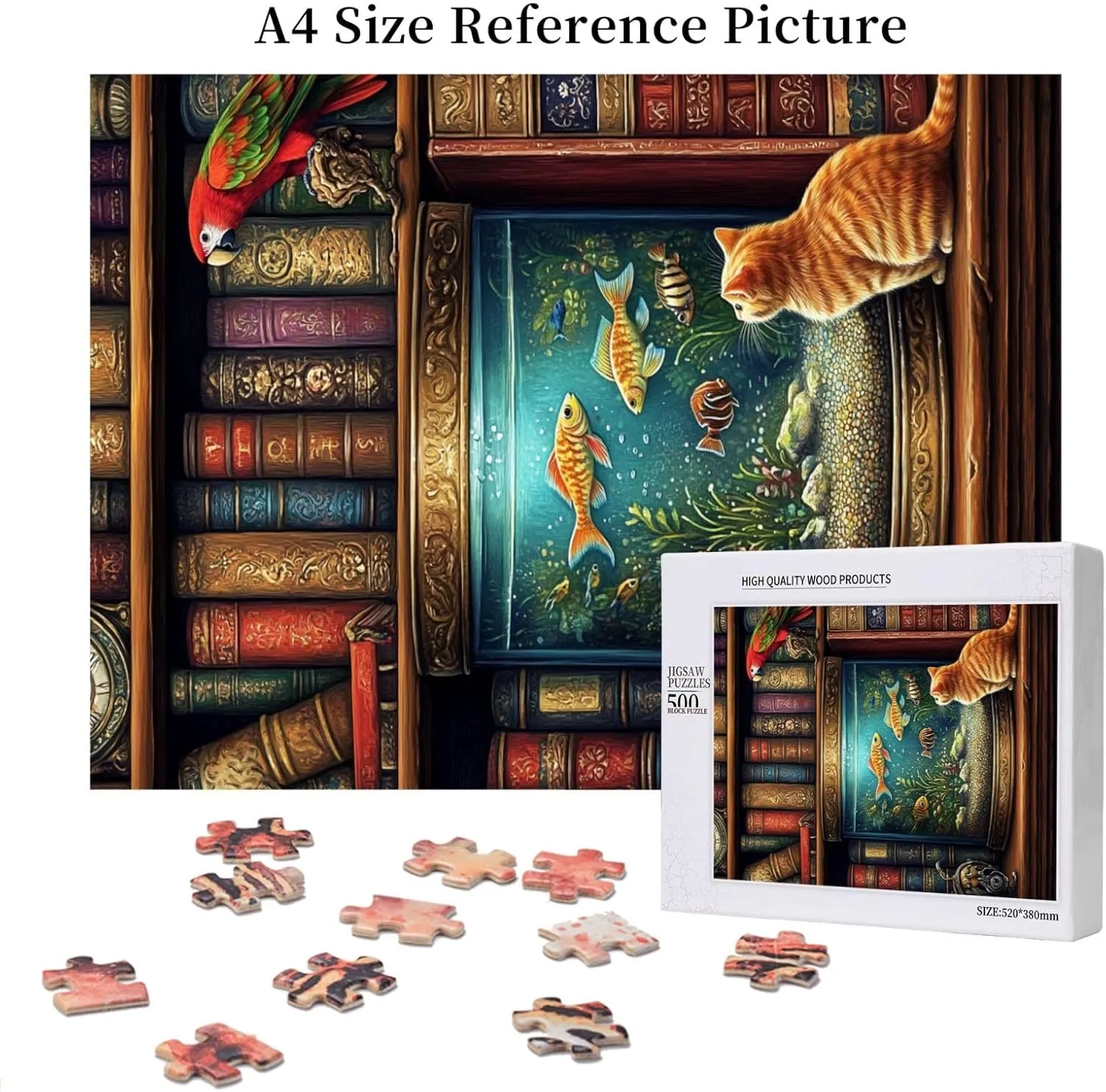 Pet Jigsaw Puzzle 500 Pieces, Cat in Front of Fish Tank, Wooden Puzzles for Adults, Vibrant and Unique, Creative Entertainment Game, Challenging Brain Exercise, Stress Relief