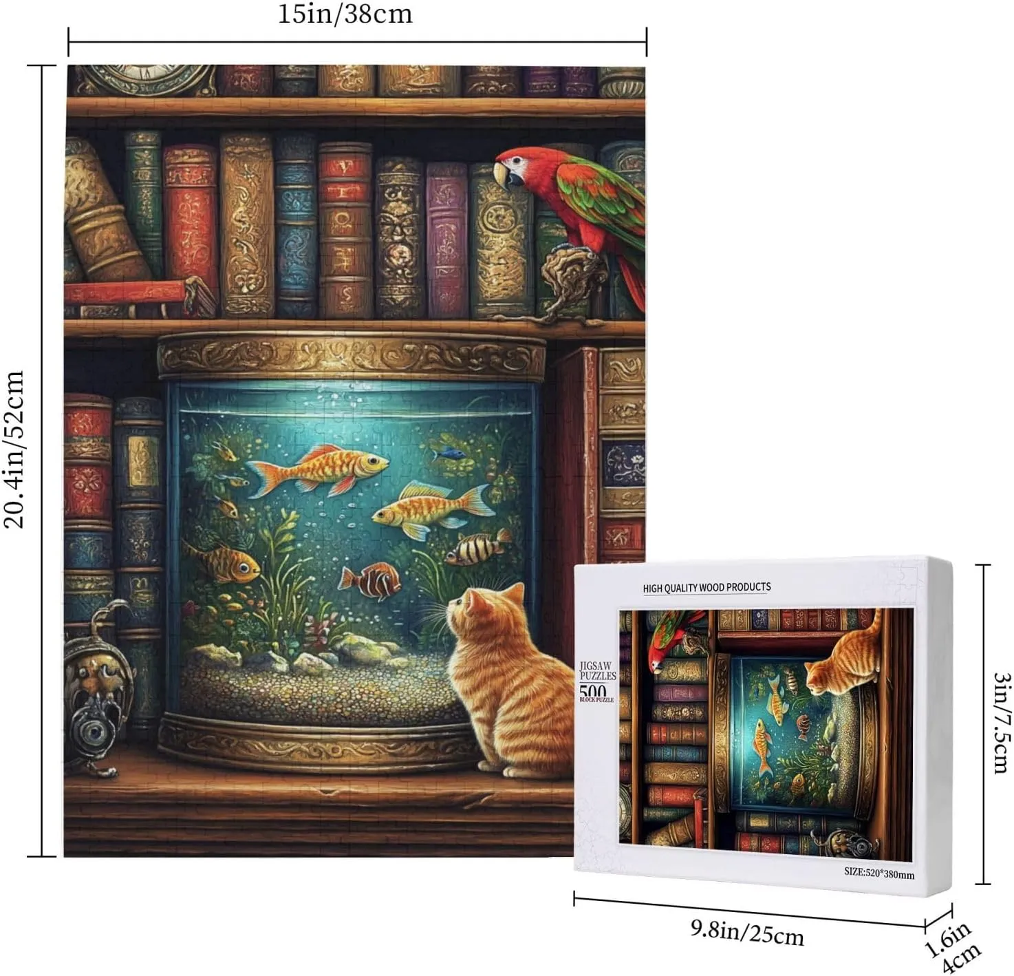 Pet Jigsaw Puzzle 500 Pieces, Cat in Front of Fish Tank, Wooden Puzzles for Adults, Vibrant and Unique, Creative Entertainment Game, Challenging Brain Exercise, Stress Relief
